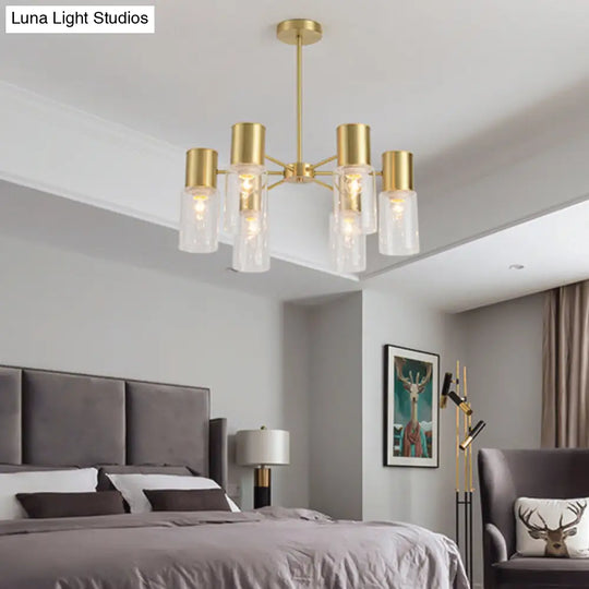 Postmodern Clear Glass Cylinder Chandelier Kit With 6/8/10 Brass Hanging Lamps