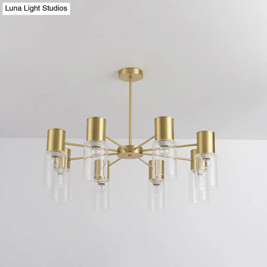 Modern Clear Glass Cylinder Hanging Lamp Kit - 6/8/10 Heads Brass Chandelier Fixture