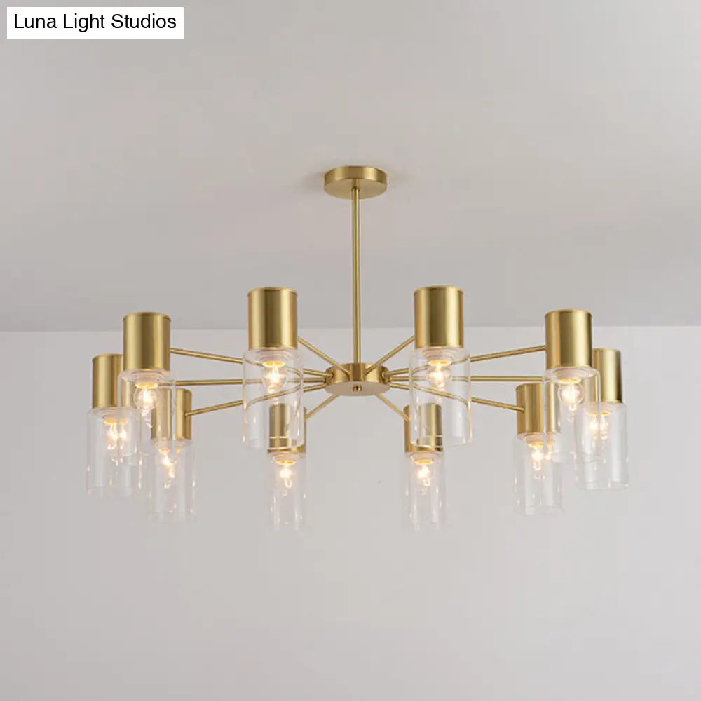 Postmodern Clear Glass Cylinder Chandelier Kit With 6/8/10 Brass Hanging Lamps