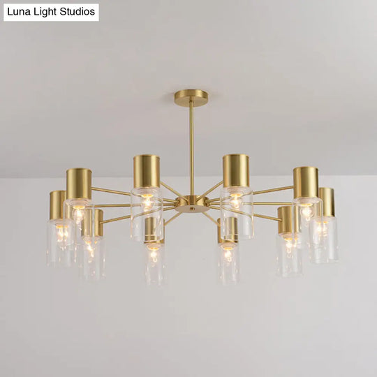 Postmodern Clear Glass Cylinder Chandelier Kit With 6/8/10 Brass Hanging Lamps