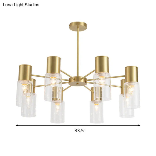 Postmodern Clear Glass Cylinder Chandelier Kit With 6/8/10 Brass Hanging Lamps