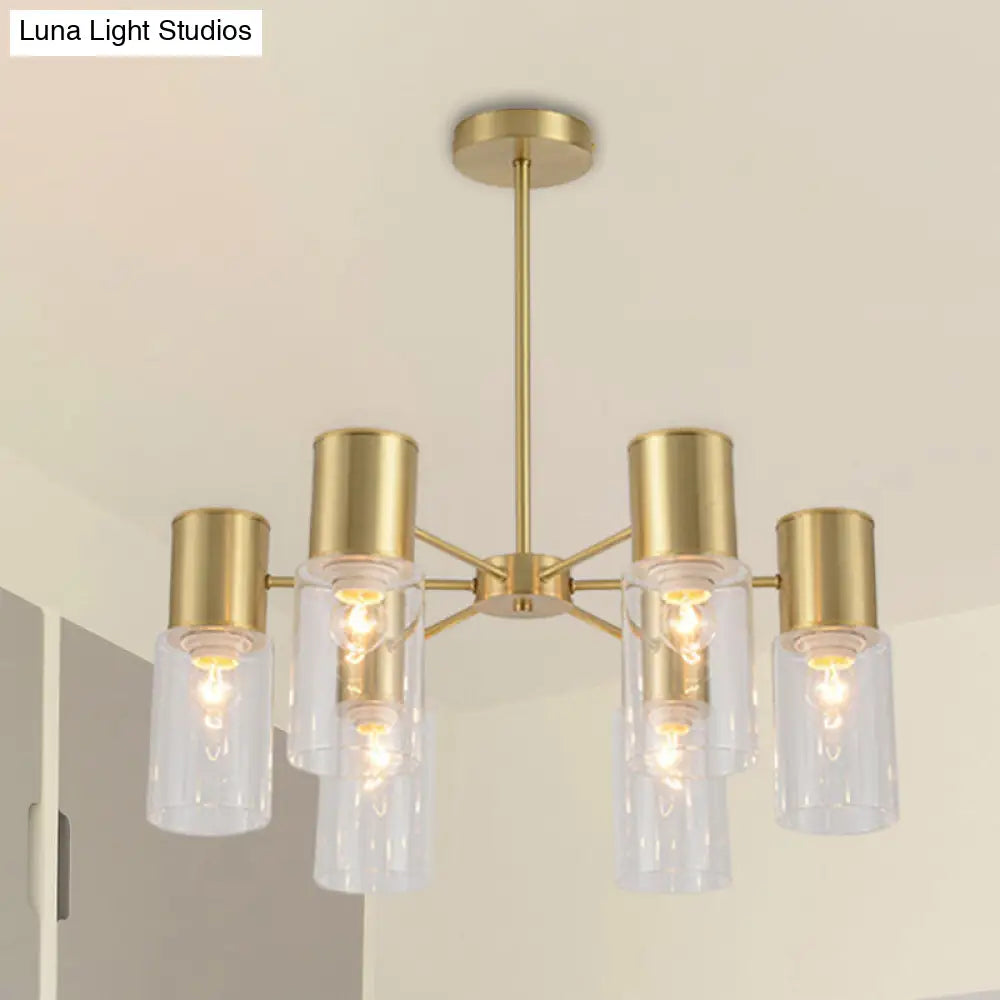 Postmodern Clear Glass Cylinder Chandelier Kit With 6/8/10 Brass Hanging Lamps