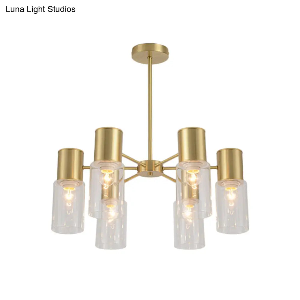 Postmodern Clear Glass Cylinder Chandelier Kit With 6/8/10 Brass Hanging Lamps