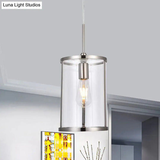 Modern Clear Glass Cylinder Pendant Light With Gold/Nickel 1-Bulb Hanging Kit For Living Room Nickel