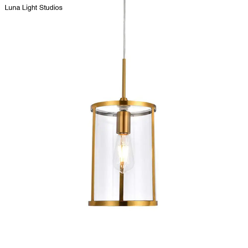 Modern Clear Glass Cylinder Pendant Light - 1-Bulb Gold/Nickel Hanging Lamp For Living Room’