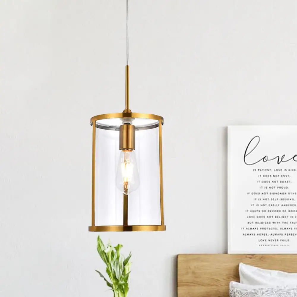 Modern Clear Glass Cylinder Pendant Light - 1-Bulb Gold/Nickel Hanging Lamp For Living Room’