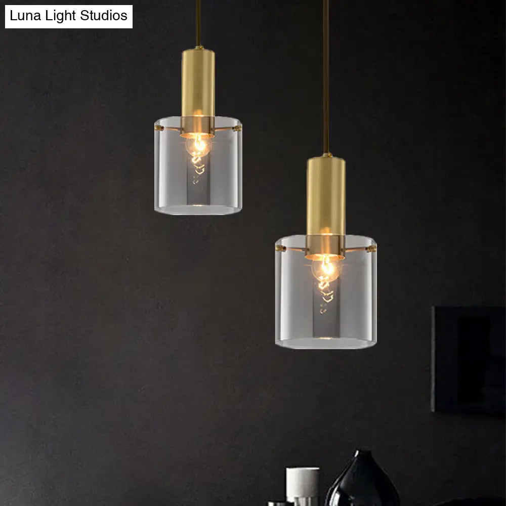 Modern Clear Glass Cylinder Pendant Light With Brass Finish | Ideal For Dining Room Ceiling