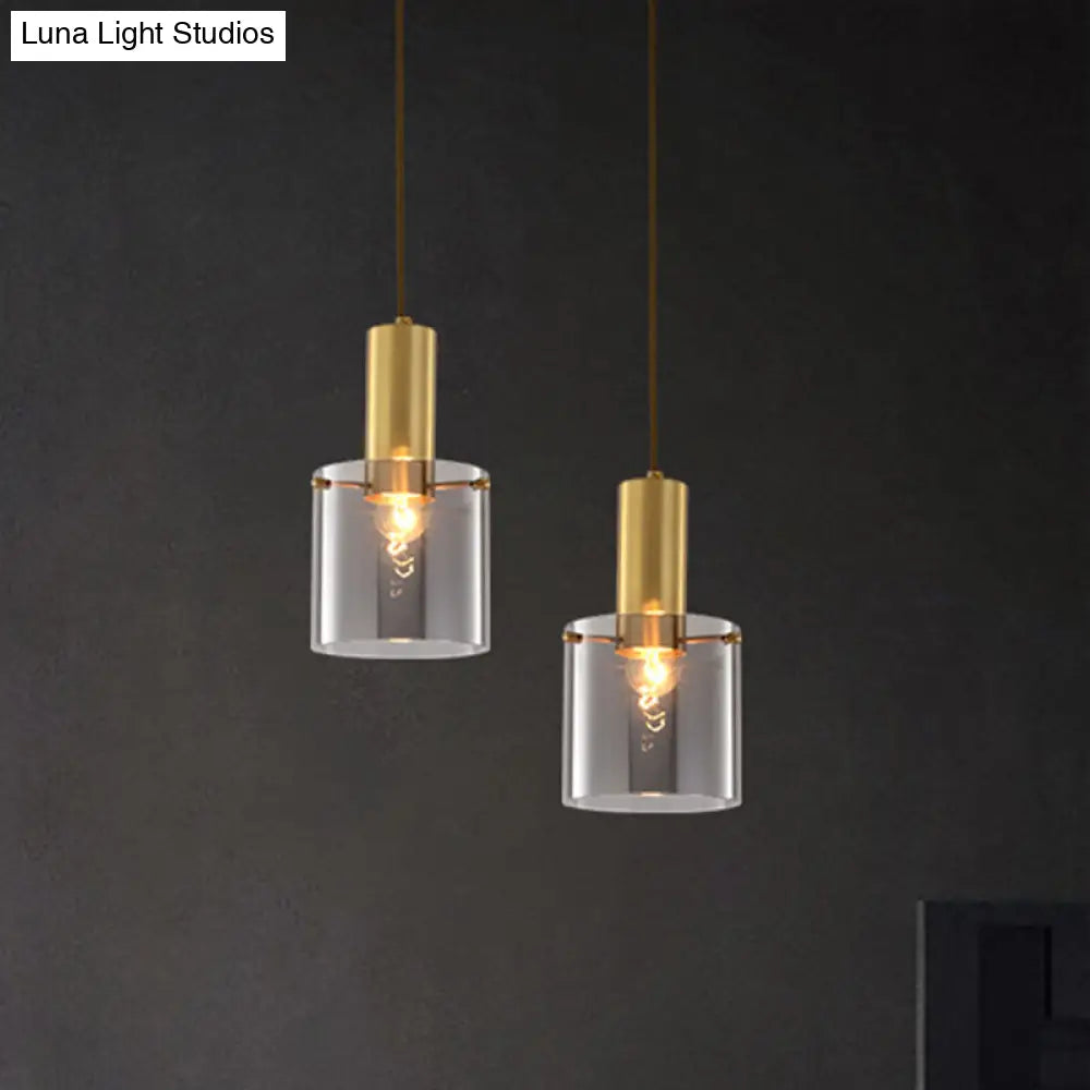 Modern Clear Glass Cylinder Pendant Light With Brass Finish | Ideal For Dining Room Ceiling