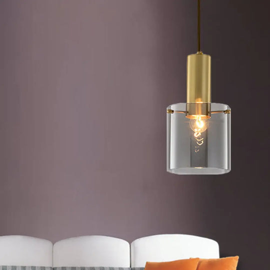 Modern Clear Glass Cylinder Pendant Light - 1 Head Brass Hanging Ceiling For Dining Room