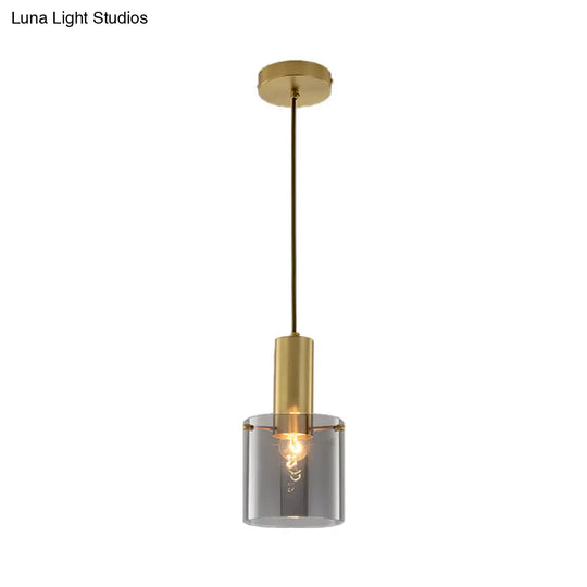 Modern Clear Glass Cylinder Pendant Light - 1 Head Brass Hanging Ceiling For Dining Room