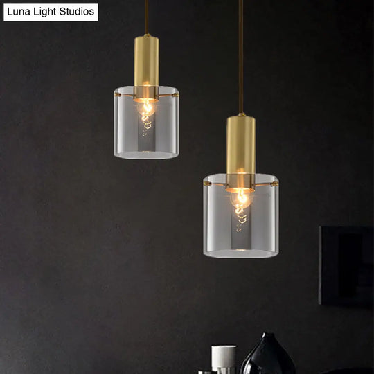 Modern Clear Glass Cylinder Pendant Light - 1 Head Brass Hanging Ceiling For Dining Room