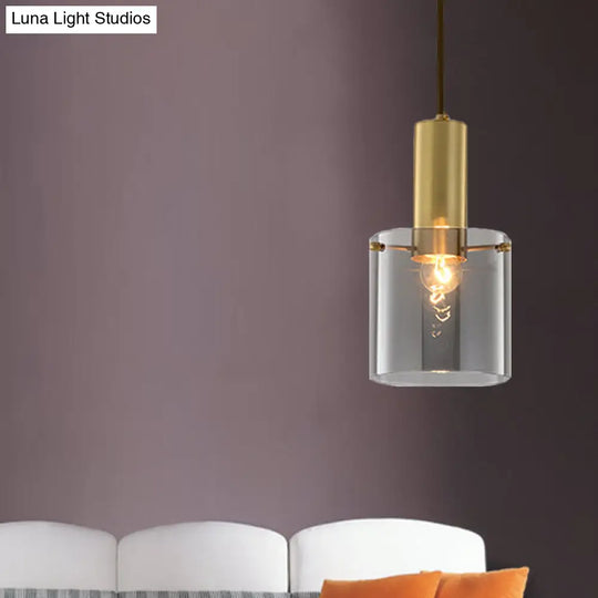 Modern Clear Glass Cylinder Pendant Light With Brass Finish | Ideal For Dining Room Ceiling