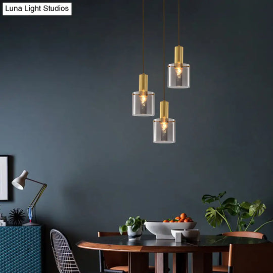 Modern Clear Glass Cylinder Pendant Light With Brass Finish | Ideal For Dining Room Ceiling