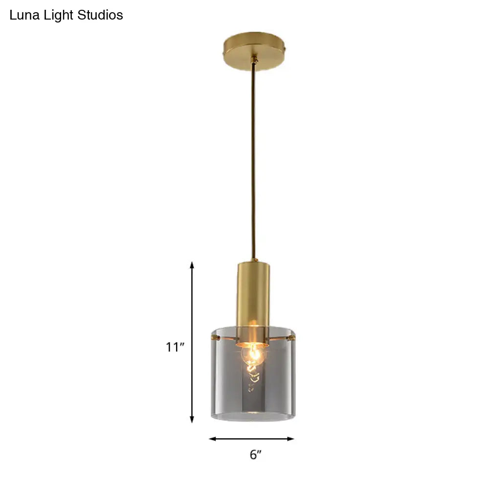 Modern Clear Glass Cylinder Pendant Light With Brass Finish | Ideal For Dining Room Ceiling