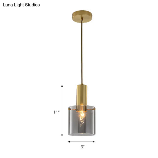 Modern Clear Glass Cylinder Pendant Light With Brass Finish | Ideal For Dining Room Ceiling