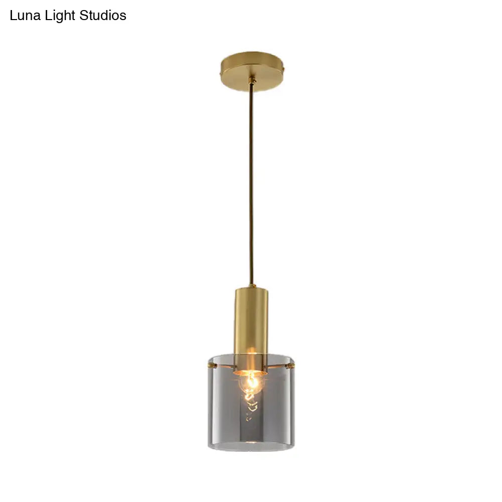 Modern Clear Glass Cylinder Pendant Light With Brass Finish | Ideal For Dining Room Ceiling