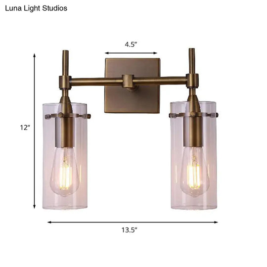 Modern Clear Glass Cylinder Wall Sconce With 2 Lights - Aged Brass Dining Room Lighting Fixture