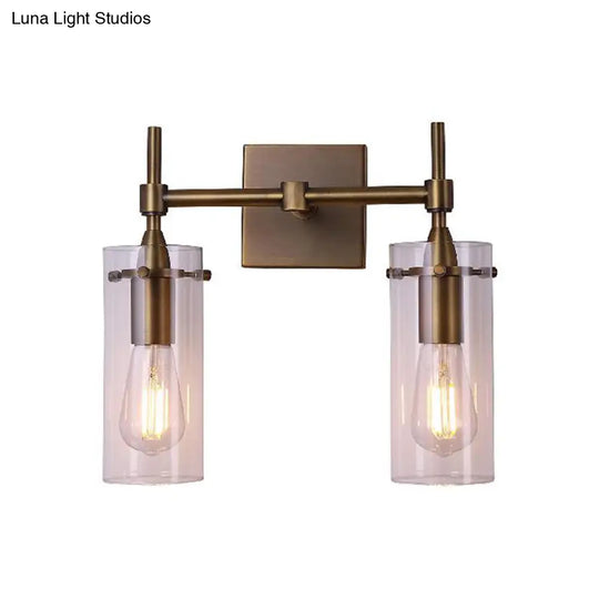 Modern Clear Glass Cylinder Wall Sconce With 2 Lights - Aged Brass Dining Room Lighting Fixture