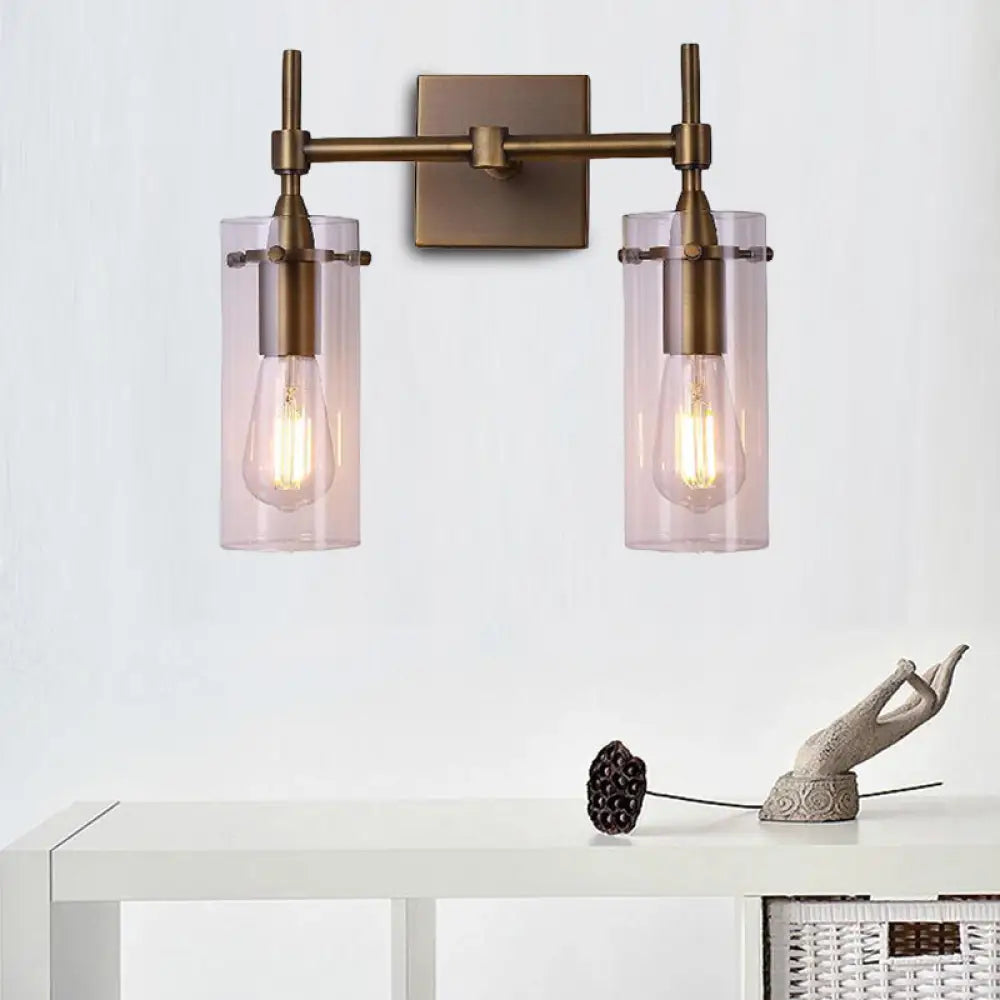 Modern Clear Glass Cylinder Wall Sconce With 2 Lights - Aged Brass Dining Room Lighting Fixture