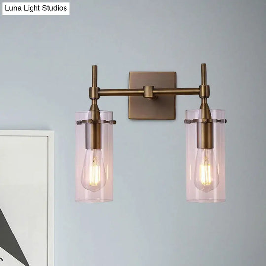 Modern Clear Glass Cylinder Wall Sconce With 2 Lights - Aged Brass Dining Room Lighting Fixture