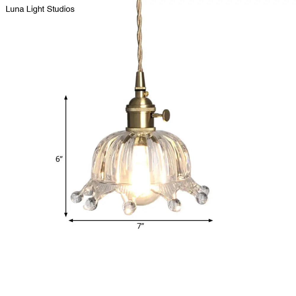 Modern Clear Glass Dome Pendant With Crown Design - 1 Light Brass Mini Hanging Lamp For Passage