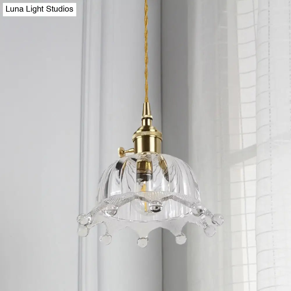 Modern Clear Glass Dome Pendant With Crown Design - 1 Light Brass Mini Hanging Lamp For Passage