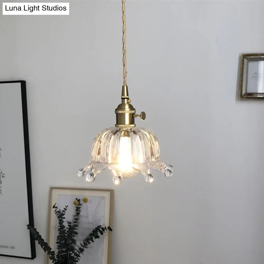 Modern Clear Glass Dome Pendant With Crown Design - 1 Light Brass Mini Hanging Lamp For Passage