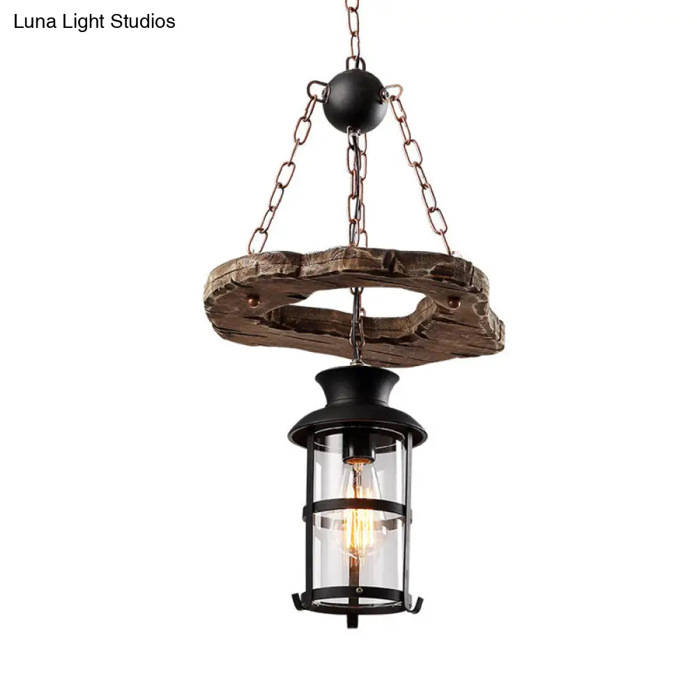 Modern Black Glass Drop Pendant Light With Wood Circle Deco For Dining Room