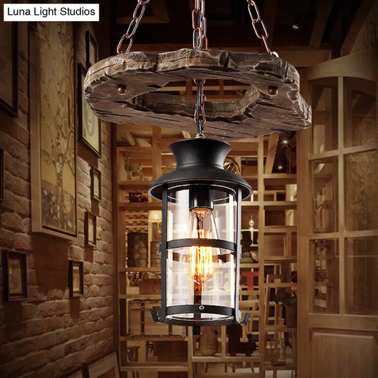 Modern Black Glass Drop Pendant Light With Wood Circle Deco For Dining Room