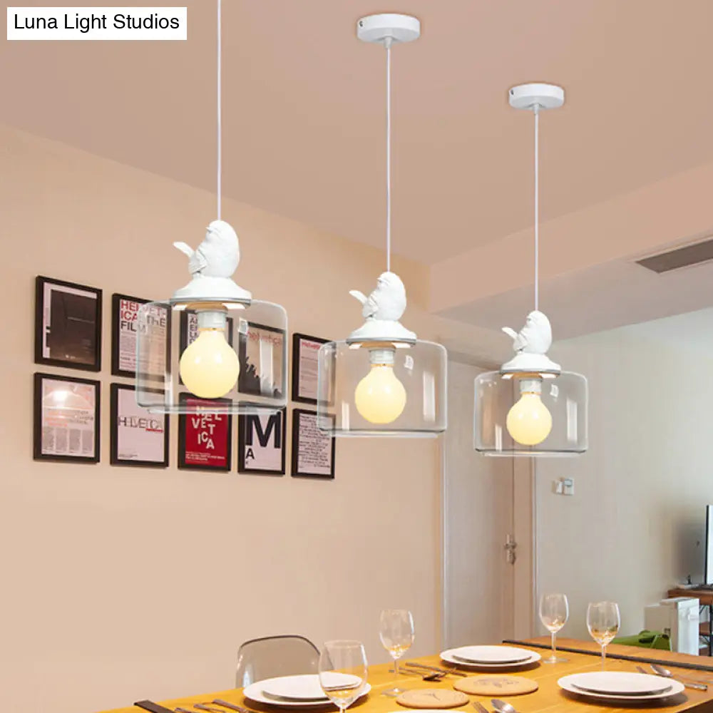 Modern Drum Shaped Dinette Pendant Lamp With Clear Glass And White Bird Top