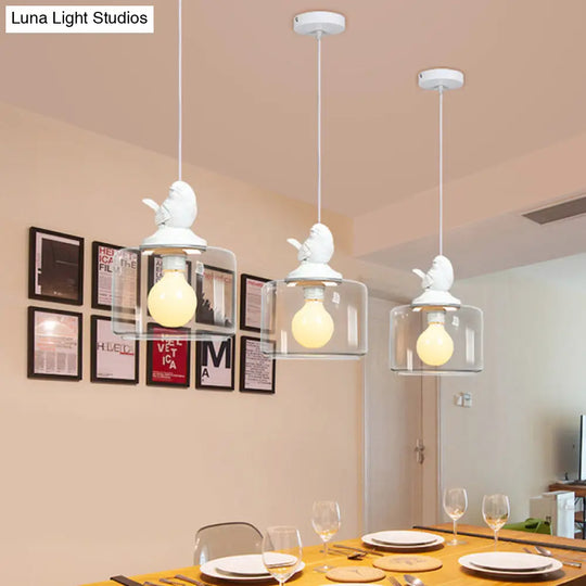 Modern Drum Shaped Dinette Pendant Lamp With Clear Glass And White Bird Top