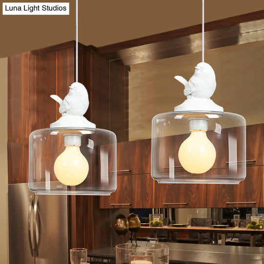 Modern Drum Shaped Dinette Pendant Lamp With Clear Glass And White Bird Top