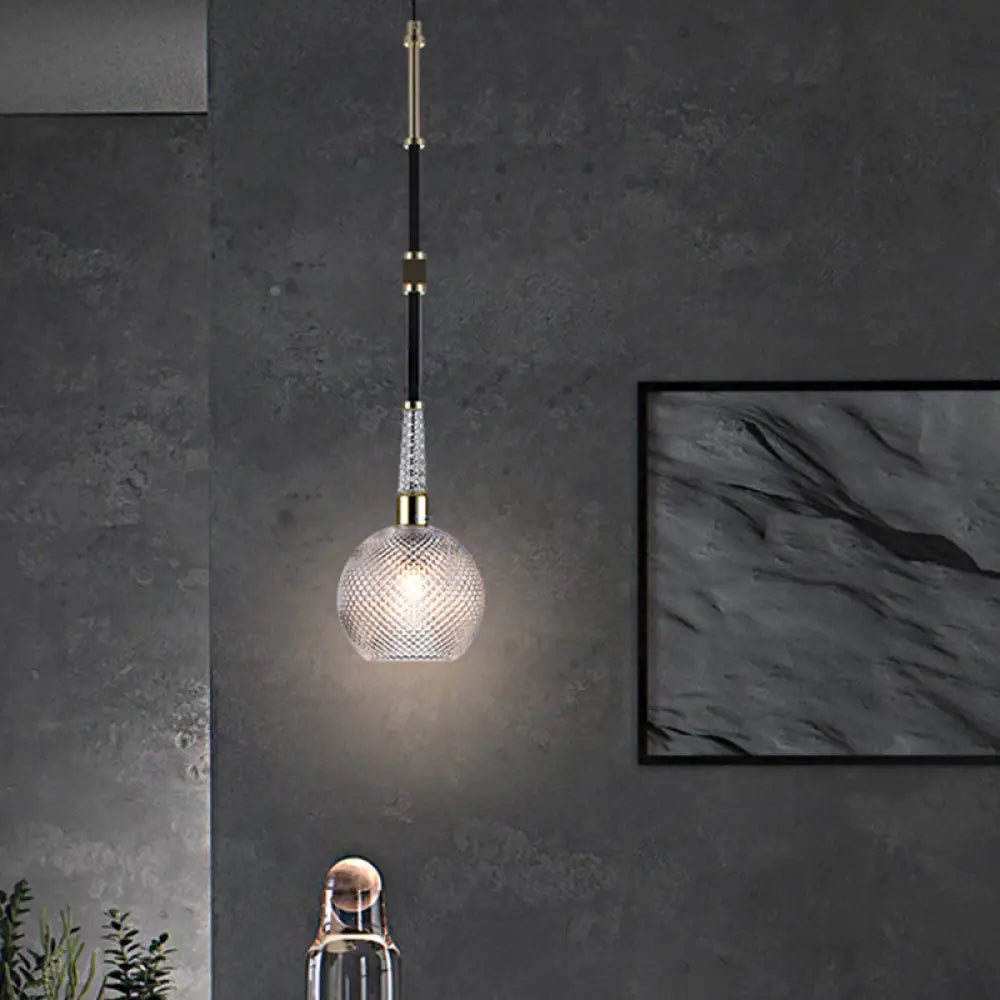 Modern Clear Glass Globe Pendant With Latticed Design - 1 Bulb Black Ceiling Light For Bedside