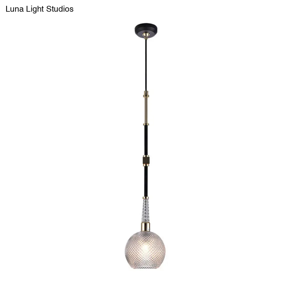 Modern Clear Glass Globe Pendant With Latticed Design - 1 Bulb Black Ceiling Light For Bedside