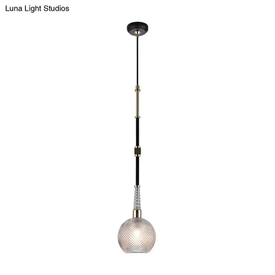 Modern Clear Glass Globe Pendant With Latticed Design - 1 Bulb Black Ceiling Light For Bedside