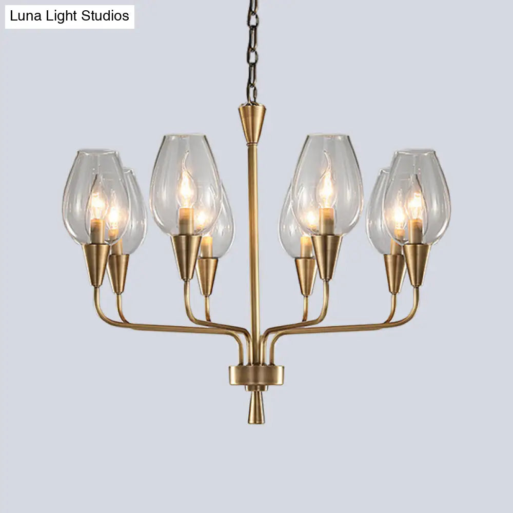 Modern Clear Glass Cup Pendant Chandelier With 8-Head Brass Frame And Curved Arms