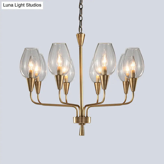 Modern Clear Glass Cup Pendant Chandelier With 8-Head Brass Frame And Curved Arms