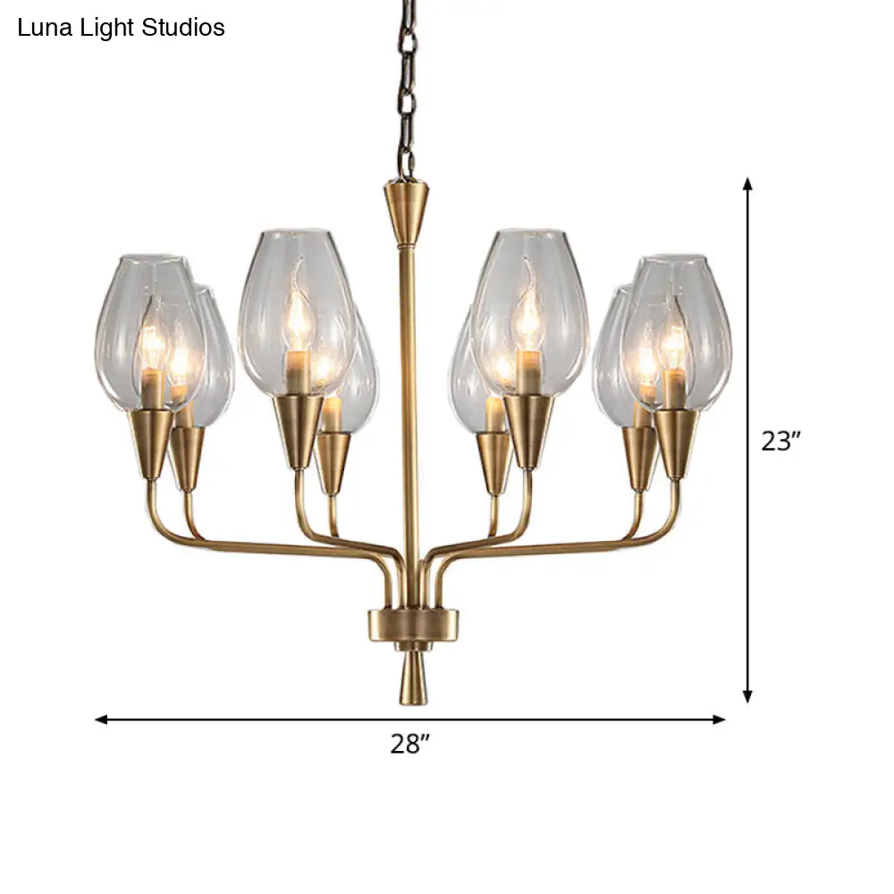 Modern Clear Glass Cup Pendant Chandelier With 8-Head Brass Frame And Curved Arms