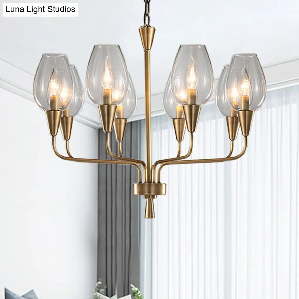 Modern Clear Glass Cup Pendant Chandelier With 8-Head Brass Frame And Curved Arms