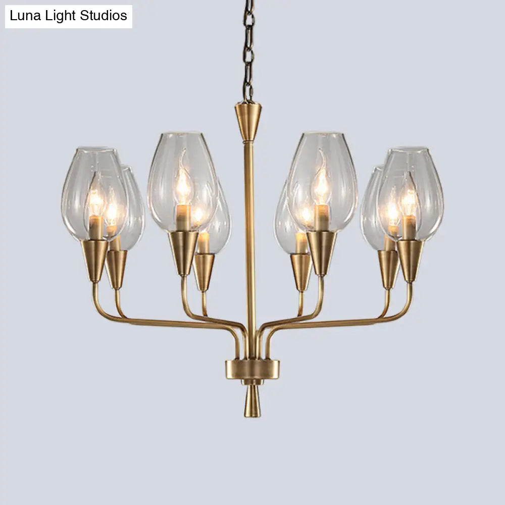 Modern Clear Glass Hanging Pendant Chandelier With 8-Head Lighting Brass Finish & Curved Arm