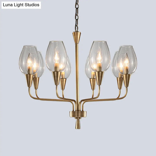 Modern Clear Glass Hanging Pendant Chandelier With 8-Head Lighting Brass Finish & Curved Arm