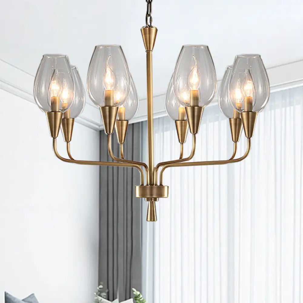 Modern Clear Glass Hanging Pendant Chandelier With 8-Head Lighting Brass Finish & Curved Arm