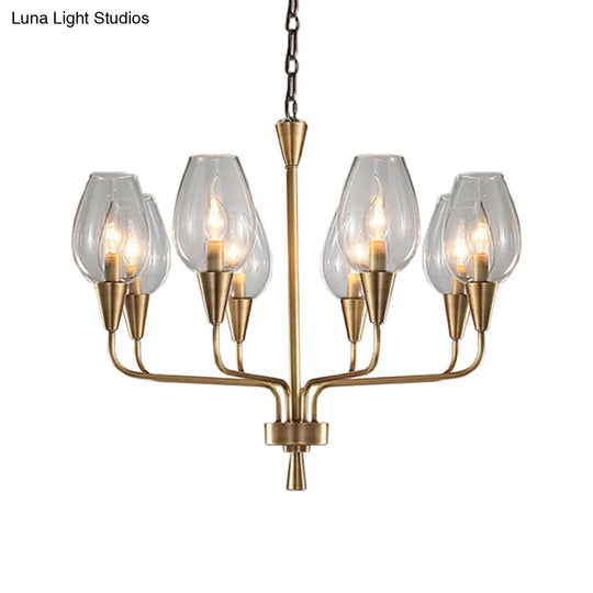 Modern Clear Glass Hanging Pendant Chandelier With 8-Head Lighting Brass Finish & Curved Arm