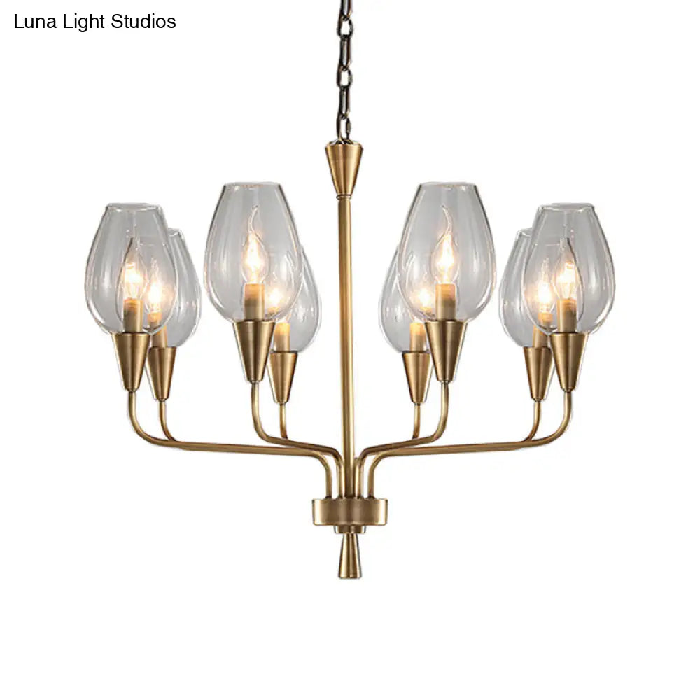 Modern Clear Glass Cup Pendant Chandelier With 8-Head Brass Frame And Curved Arms