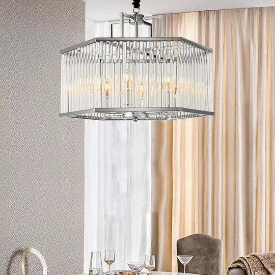 Modern Clear Glass Hexagonal Chandelier Pendant - 6-Light Chrome Hanging Light Fixture