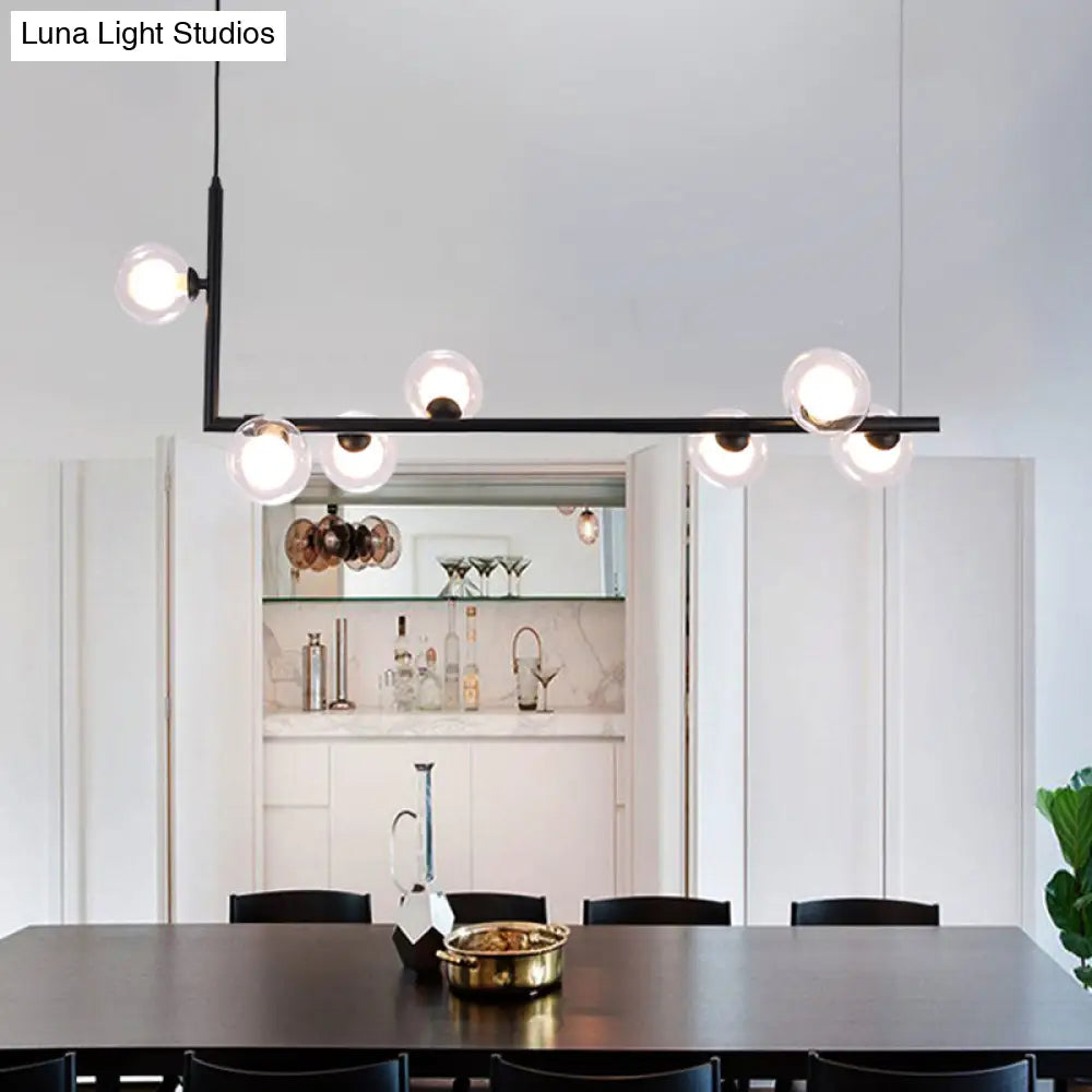 Modern Clear Glass Island Lighting - 7-Light Led Pendant Lamp In Black With Right Angle Arm