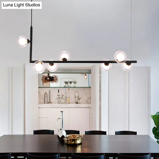 Modern Clear Glass Island Lighting - 7-Light Led Pendant Lamp In Black With Right Angle Arm