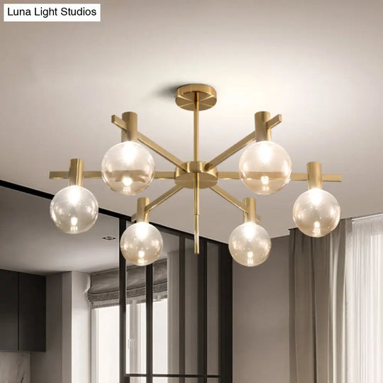 Post-Modern Led Chandelier With Clear Glass And Brass Finish - 6-Bulb Hanging Lamp Kit