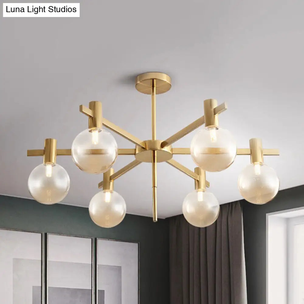 Post-Modern Led Chandelier With Clear Glass And Brass Finish - 6-Bulb Hanging Lamp Kit