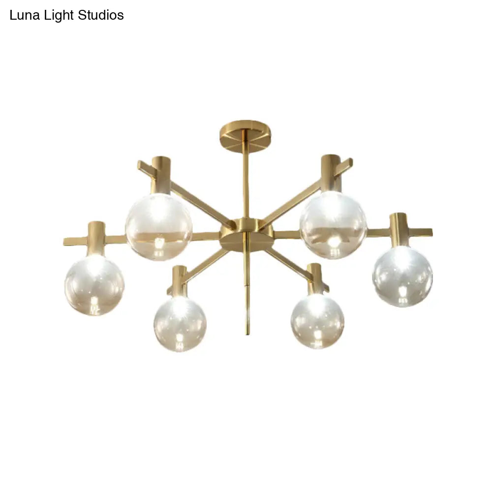 Post-Modern Led Chandelier With Clear Glass And Brass Finish - 6-Bulb Hanging Lamp Kit